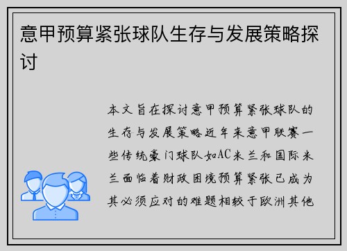 意甲预算紧张球队生存与发展策略探讨