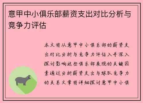 意甲中小俱乐部薪资支出对比分析与竞争力评估